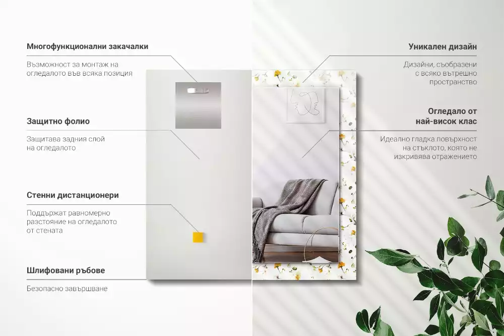 Rechthoekige spiegel lijst met print Bloemenbladeren patroon