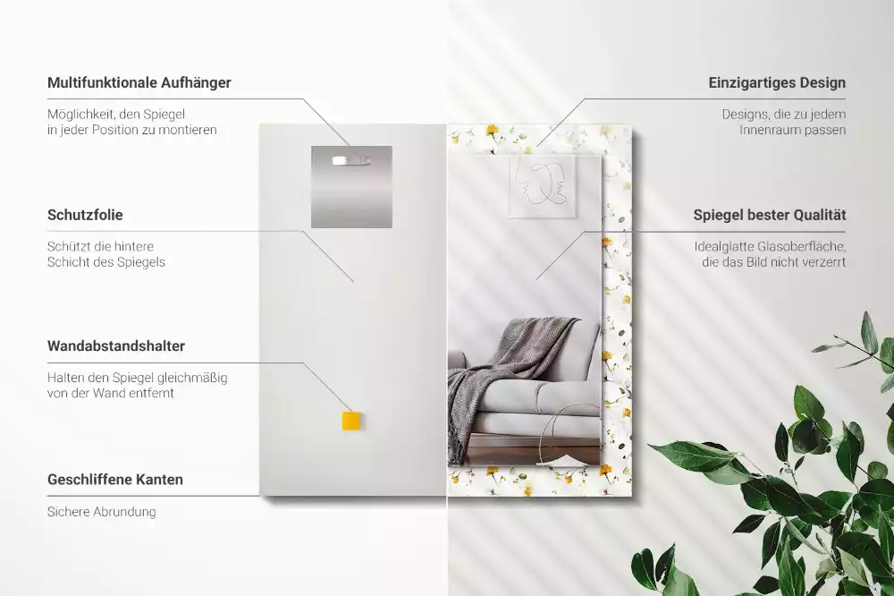 Rechthoekige spiegel lijst met print Bloemenbladeren patroon