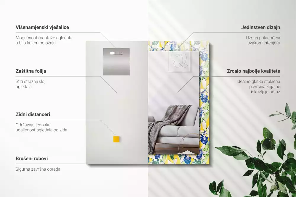 Rechthoekige spiegel met bedrukte lijst Bloemen en bladeren