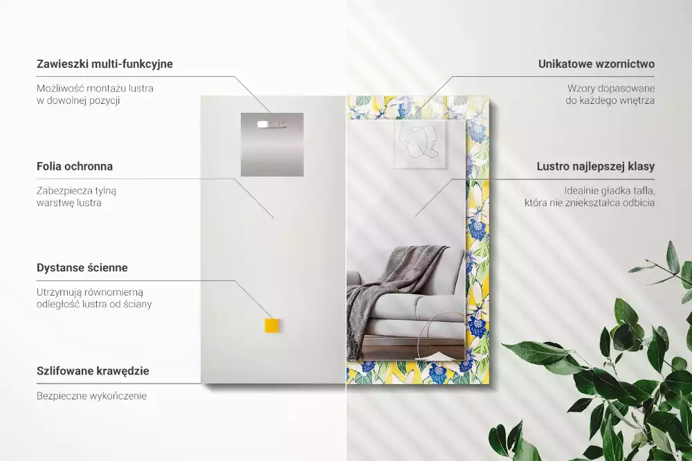 Rechthoekige spiegel met bedrukte lijst Bloemen en bladeren