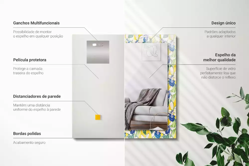 Rechthoekige spiegel met bedrukte lijst Bloemen en bladeren