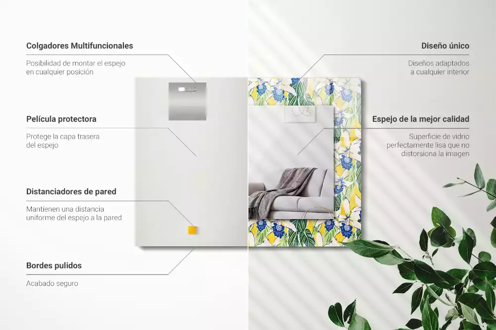 Rechthoekige spiegel met bedrukte lijst Bloemen en bladeren