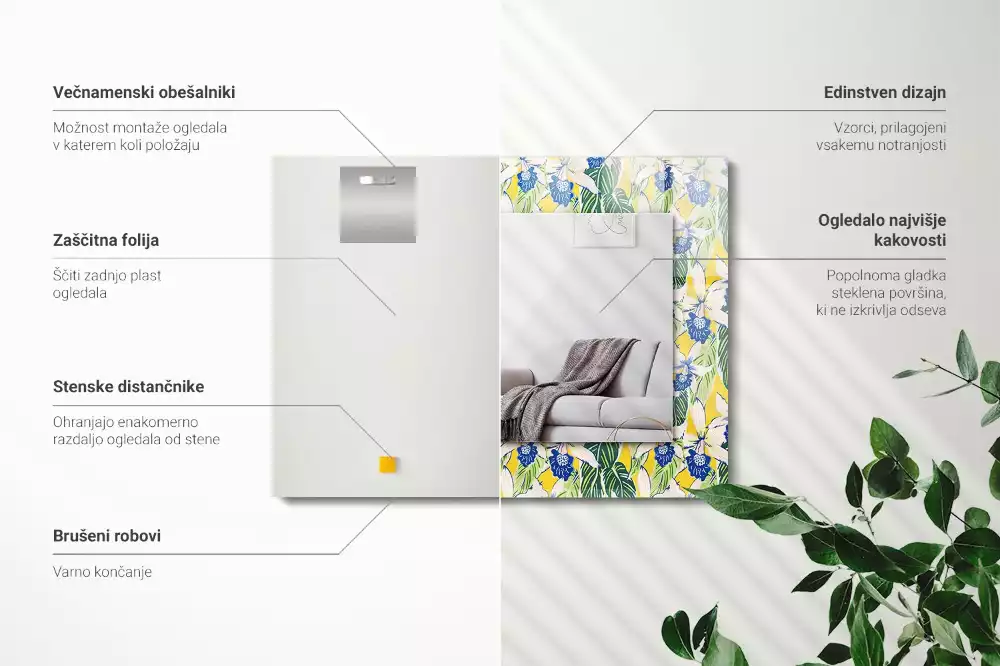 Rechthoekige spiegel met bedrukte lijst Bloemen en bladeren