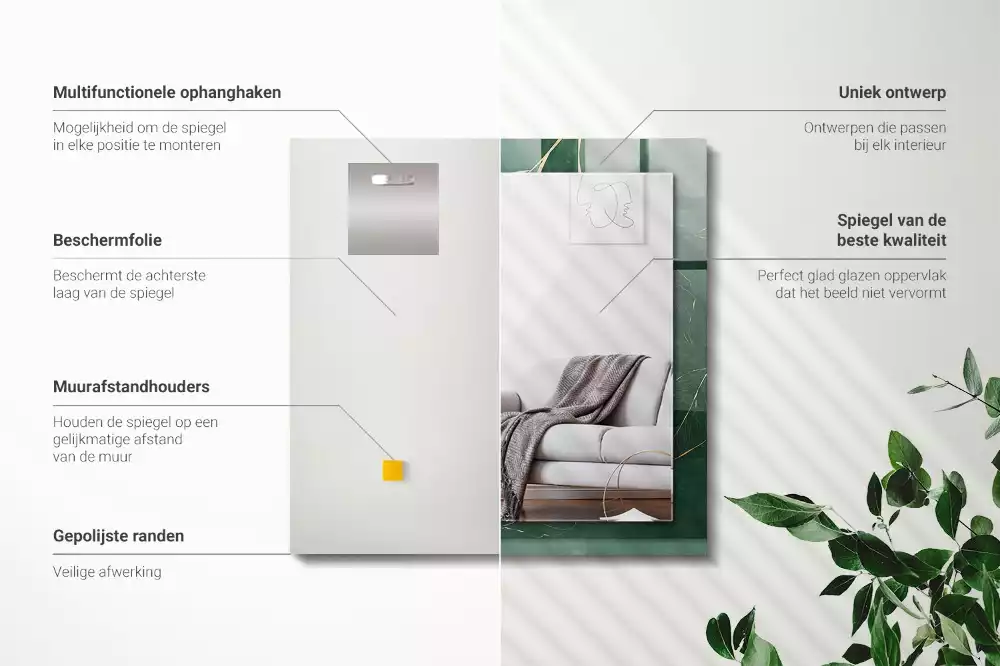 Rechthoekige spiegel met bedrukte lijst Groene bladeren goud