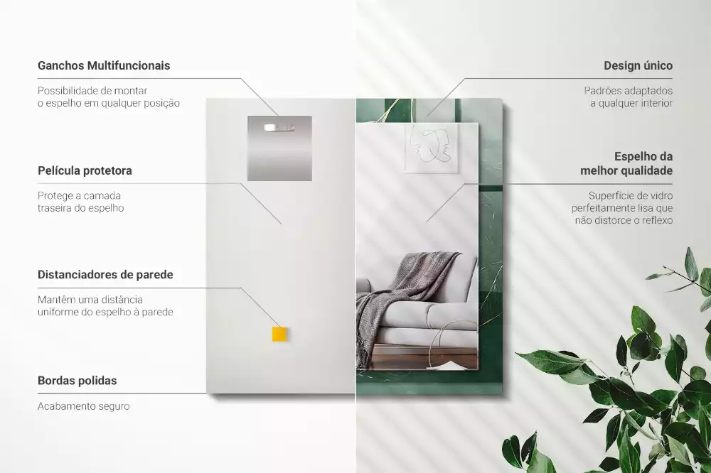 Rechthoekige spiegel met bedrukte lijst Groene bladeren goud