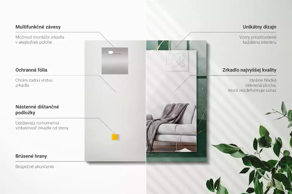 Rechthoekige spiegel met bedrukte lijst Groene bladeren goud