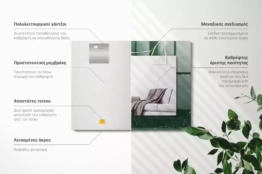 Rechthoekige spiegel met bedrukte lijst Groene bladeren goud