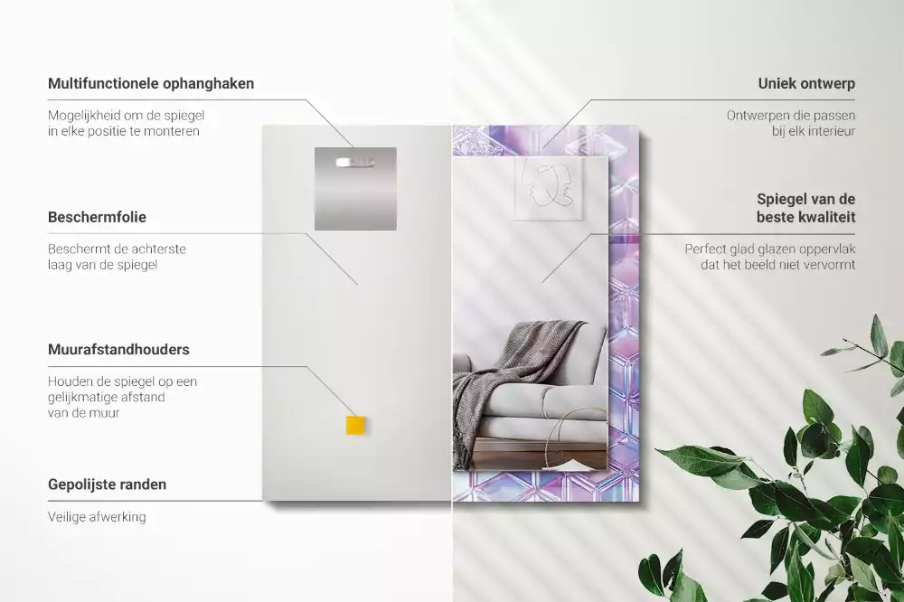 Rechthoekige spiegel met bedrukte lijst Transparante gekleurde kubussen