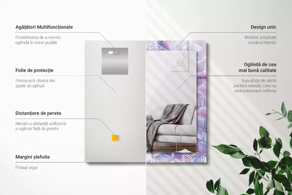 Rechthoekige spiegel met bedrukte lijst Transparante gekleurde kubussen