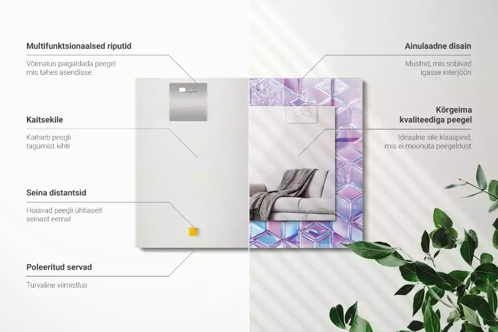 Rechthoekige spiegel met bedrukte lijst Transparante gekleurde kubussen