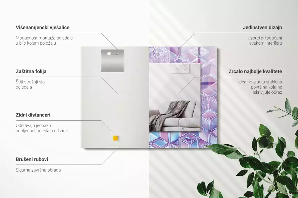 Rechthoekige spiegel met bedrukte lijst Transparante gekleurde kubussen