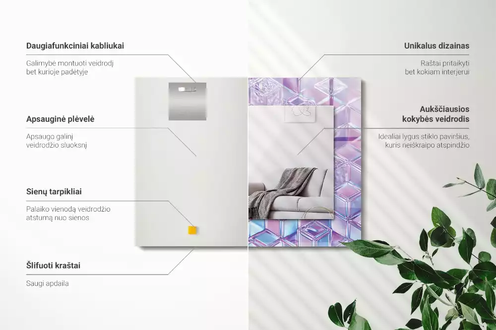 Rechthoekige spiegel met bedrukte lijst Transparante gekleurde kubussen