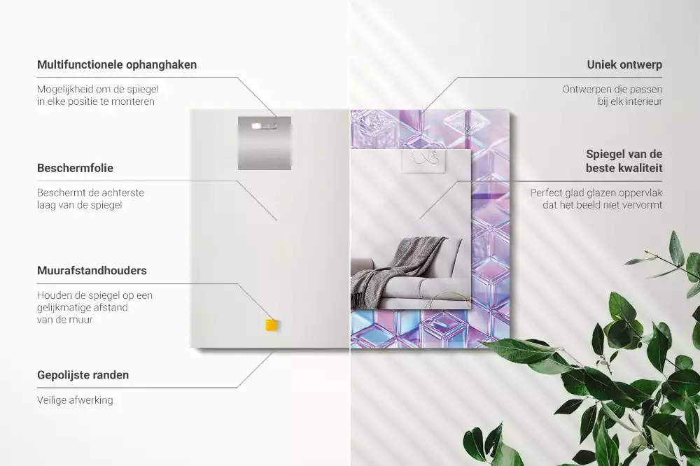 Rechthoekige spiegel met bedrukte lijst Transparante gekleurde kubussen