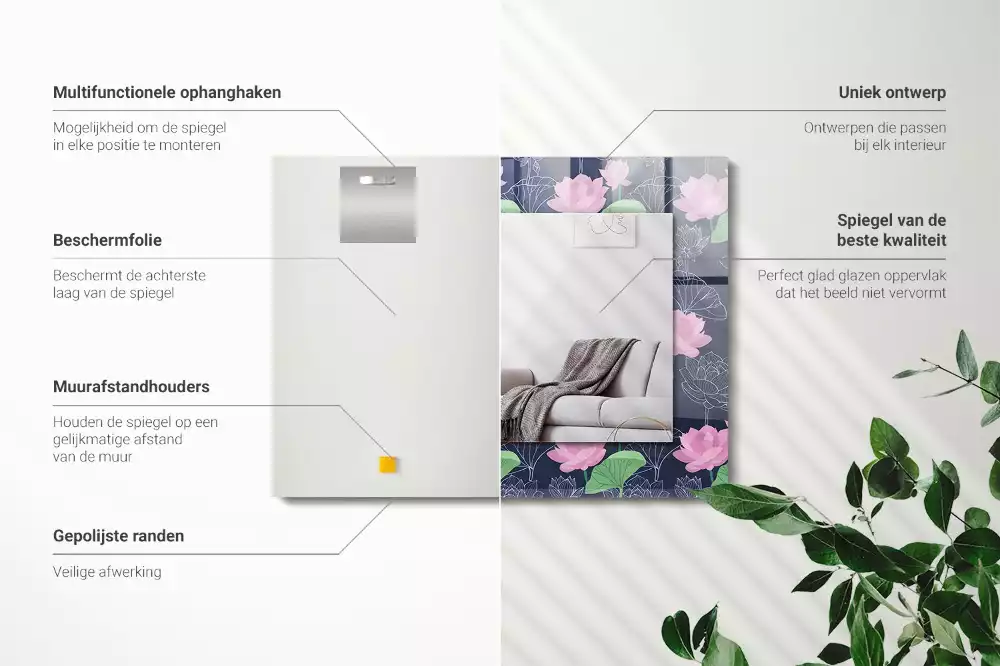 Rechthoekige spiegel lijst met print Roze lotusbloemen