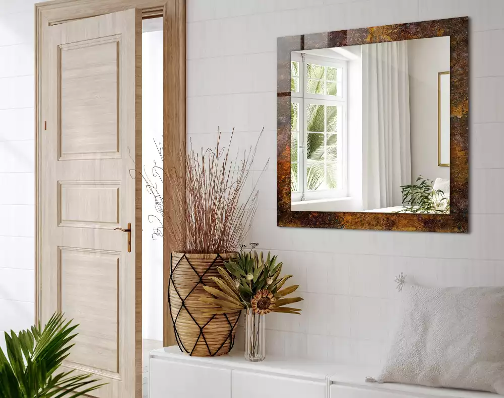 Rechthoekige spiegel met bedrukte lijst Roestig metalen oppervlak