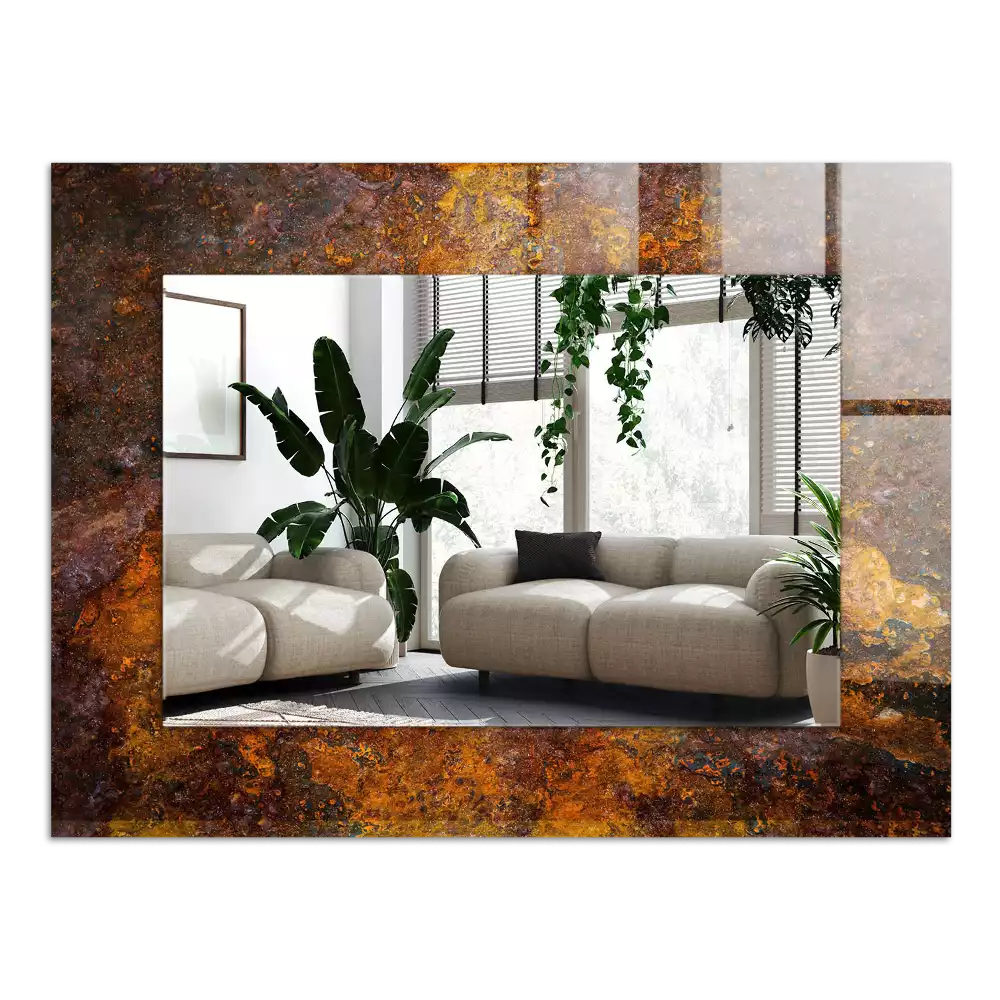 Rechthoekige spiegel met bedrukte lijst Roestig metalen oppervlak