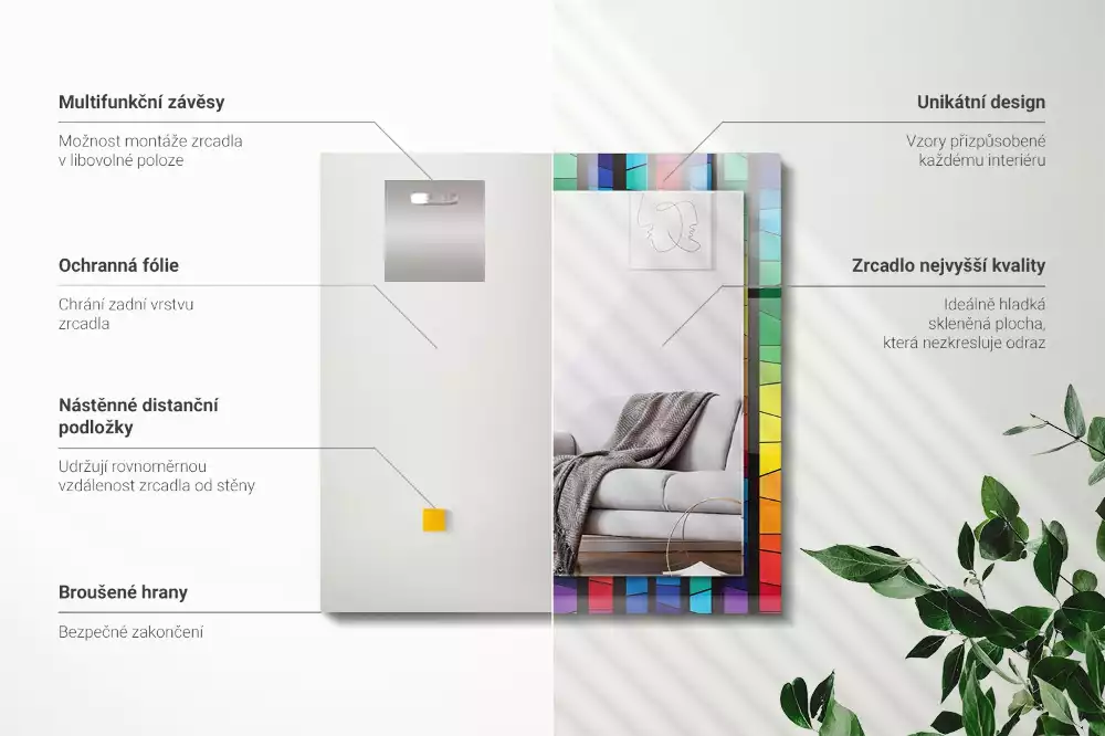 Rechthoekige spiegel lijst met print Kleurrijke glas-in-loodstrepen