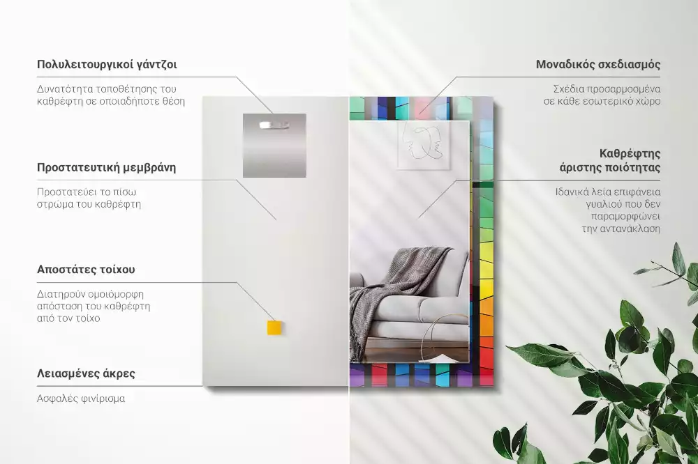 Rechthoekige spiegel lijst met print Kleurrijke glas-in-loodstrepen