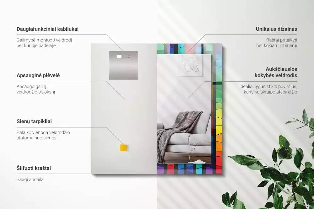 Rechthoekige spiegel lijst met print Kleurrijke glas-in-loodstrepen