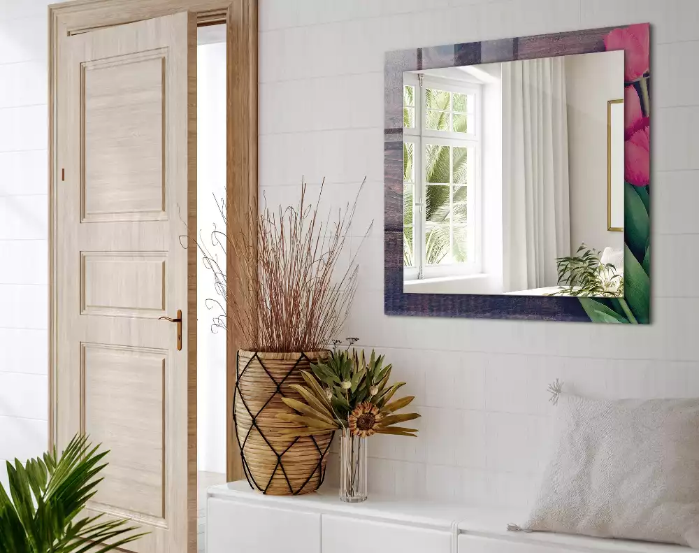 Bedrukte rechthoekige spiegel Roze tulpenhout