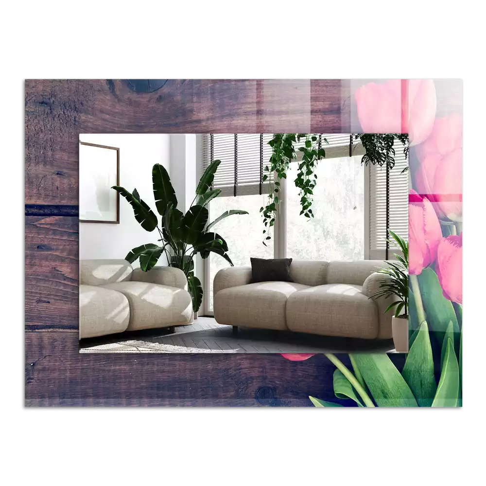 Bedrukte rechthoekige spiegel Roze tulpenhout