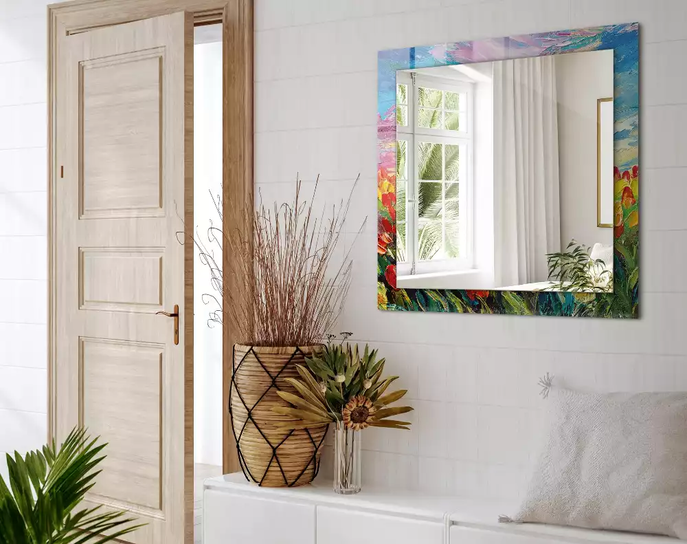 Rechthoekige spiegel lijst met print Tulpenveld