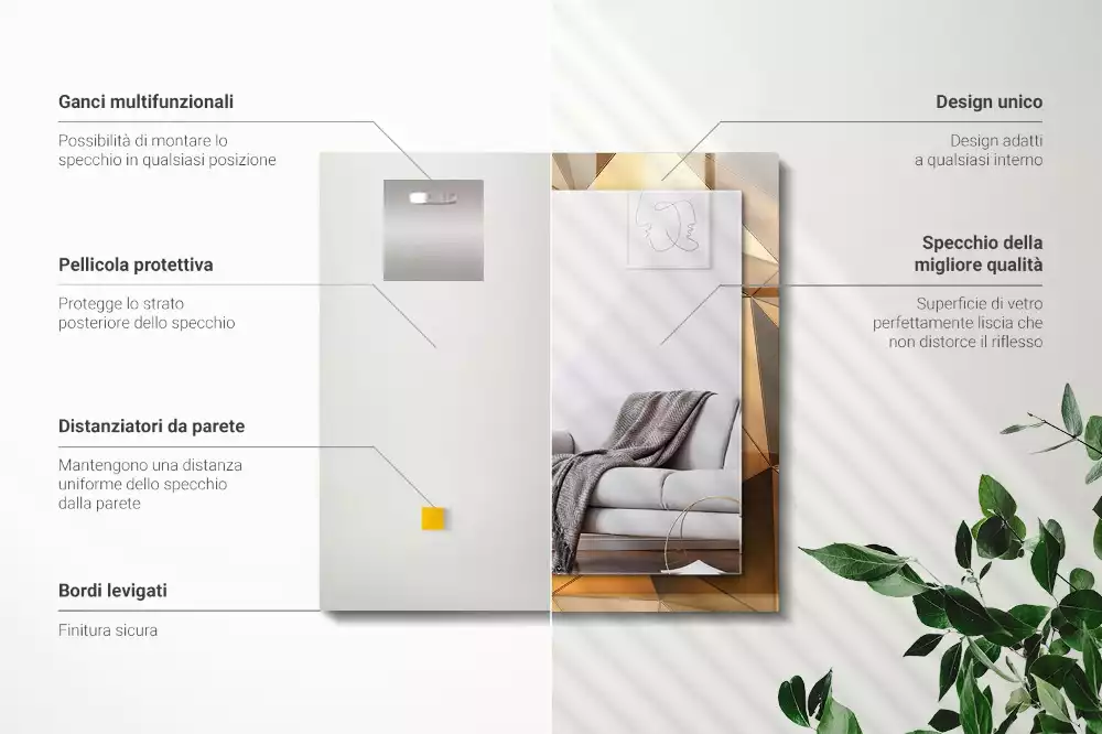 Rechthoekige spiegel met bedrukte lijst Gouden geometrische patronen