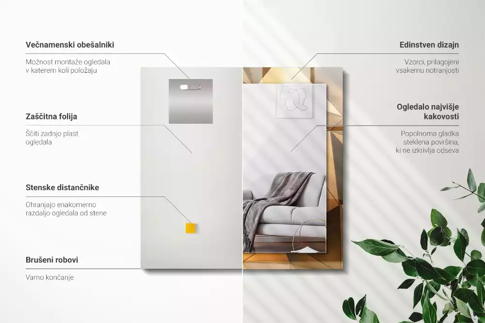 Rechthoekige spiegel met bedrukte lijst Gouden geometrische patronen