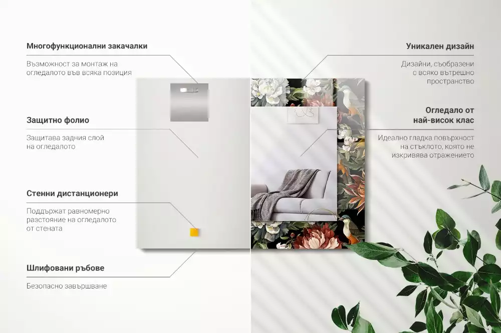 Rechthoekige spiegel met bedrukte lijst Bloemen en vogels