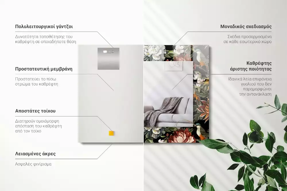 Rechthoekige spiegel met bedrukte lijst Bloemen en vogels