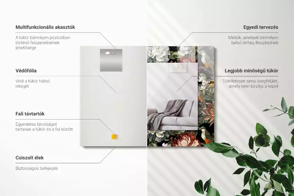 Rechthoekige spiegel met bedrukte lijst Bloemen en vogels