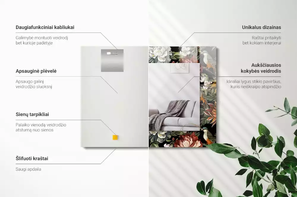 Rechthoekige spiegel met bedrukte lijst Bloemen en vogels