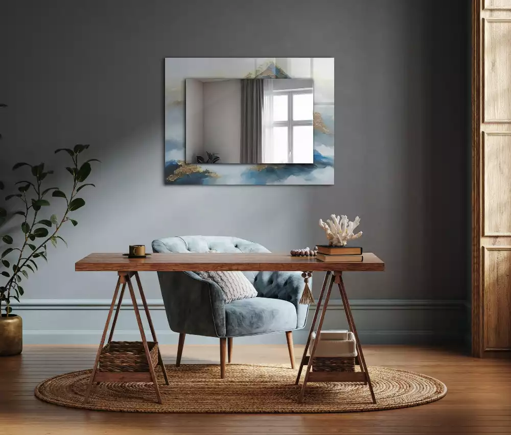 Rechthoekige spiegel lijst met print Bergen in de mist