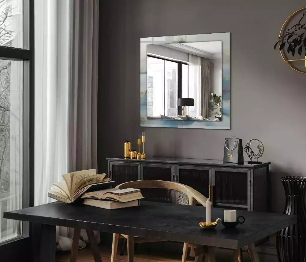 Rechthoekige spiegel lijst met print Bergen in de mist