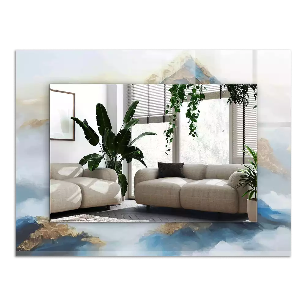 Rechthoekige spiegel lijst met print Bergen in de mist