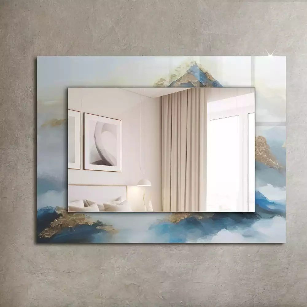 Rechthoekige spiegel lijst met print Bergen in de mist