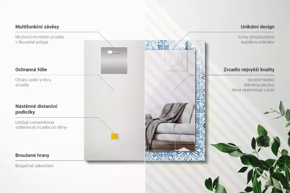 Bedrukte rechthoekige spiegel Blauwe decoratieve tegels