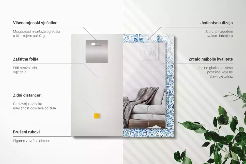 Bedrukte rechthoekige spiegel Blauwe decoratieve tegels