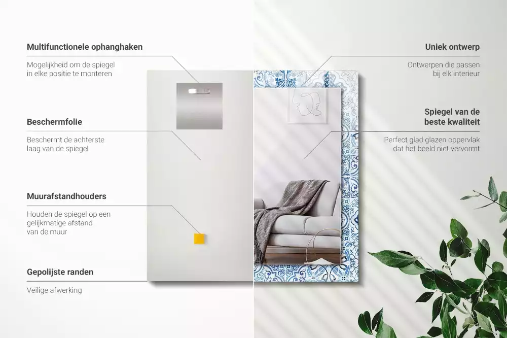 Bedrukte rechthoekige spiegel Blauwe decoratieve tegels