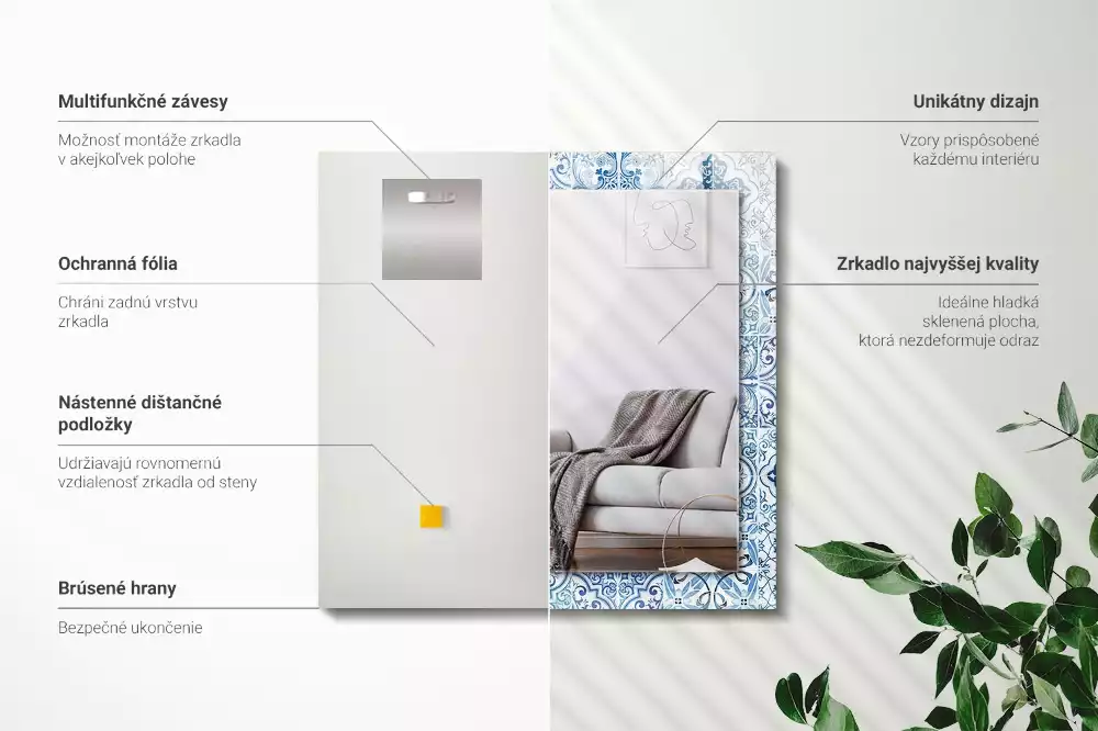 Bedrukte rechthoekige spiegel Blauwe decoratieve tegels