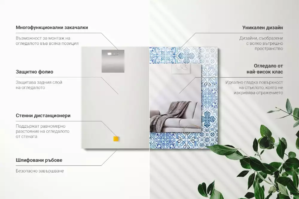 Bedrukte rechthoekige spiegel Blauwe decoratieve tegels