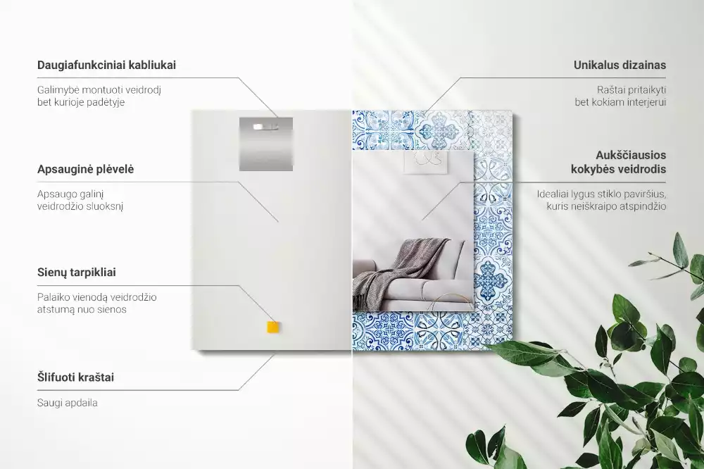 Bedrukte rechthoekige spiegel Blauwe decoratieve tegels