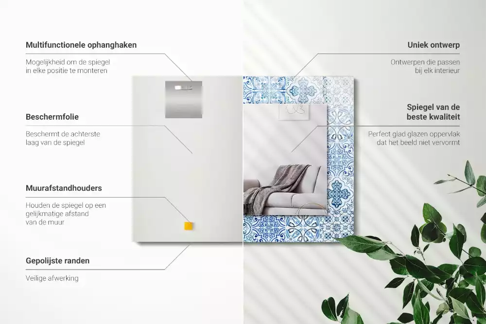 Bedrukte rechthoekige spiegel Blauwe decoratieve tegels