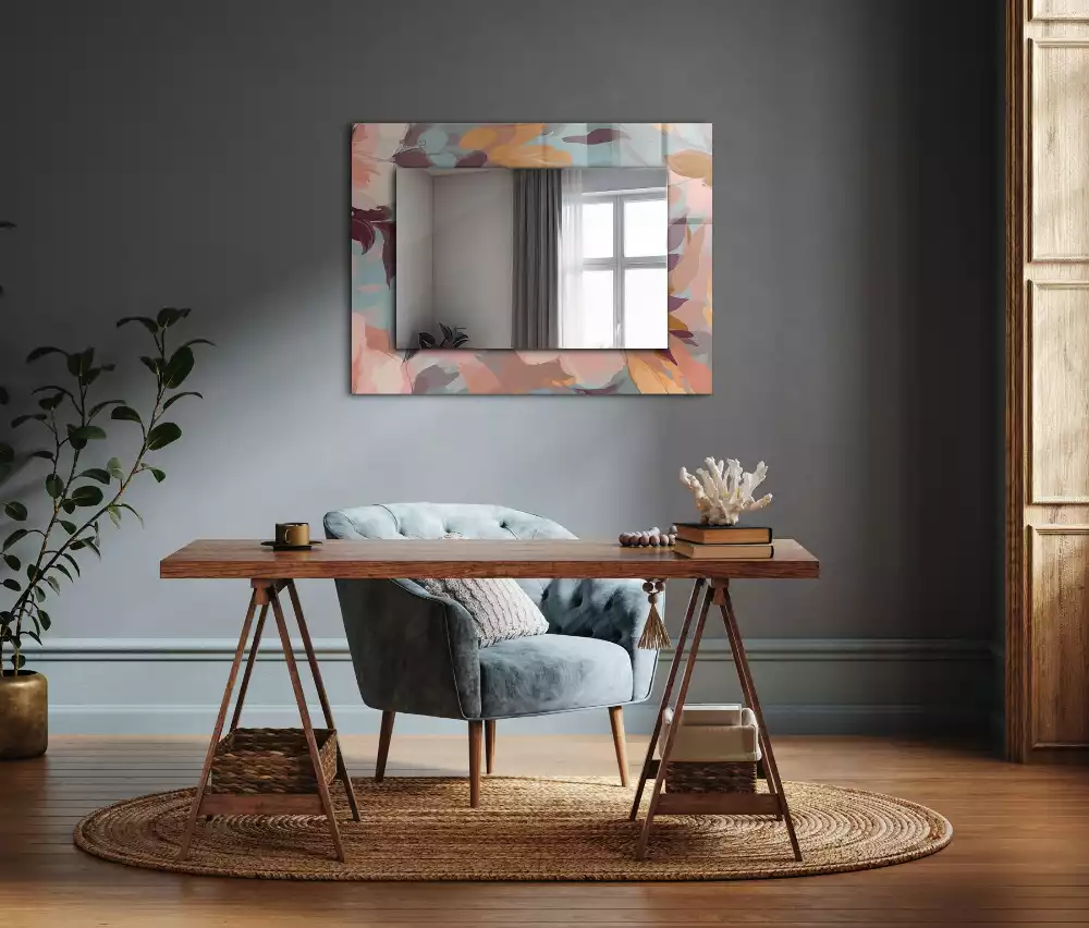 Rechthoekige spiegel met bedrukte lijst Bloemen bladeren pastel