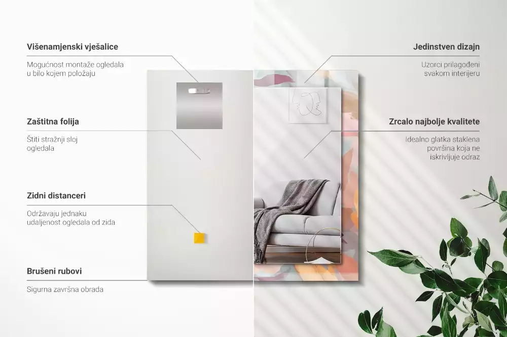 Rechthoekige spiegel met bedrukte lijst Bloemen bladeren pastel