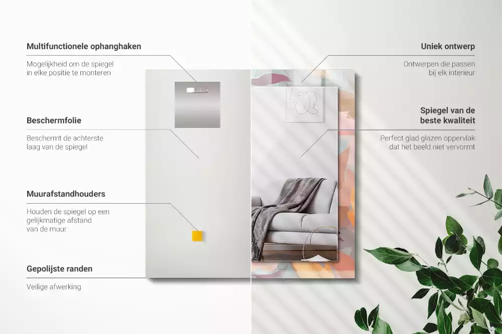 Rechthoekige spiegel met bedrukte lijst Bloemen bladeren pastel