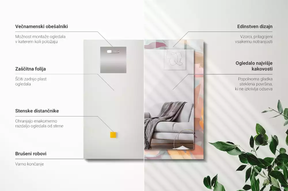 Rechthoekige spiegel met bedrukte lijst Bloemen bladeren pastel