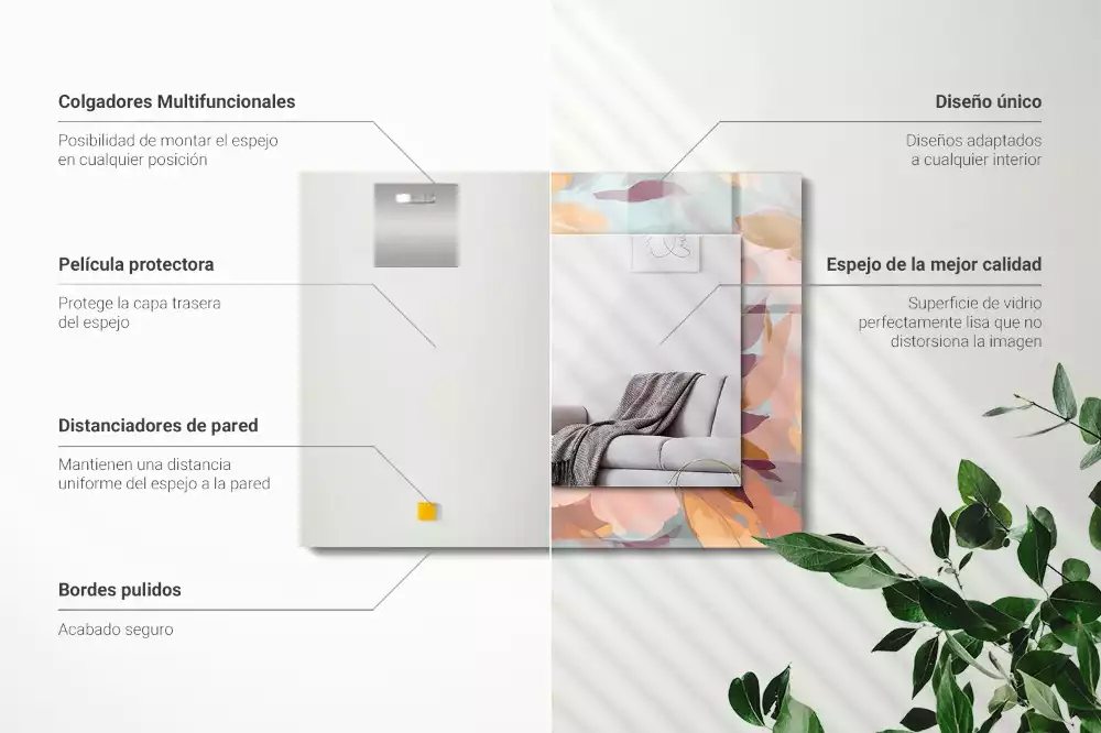 Rechthoekige spiegel met bedrukte lijst Bloemen bladeren pastel