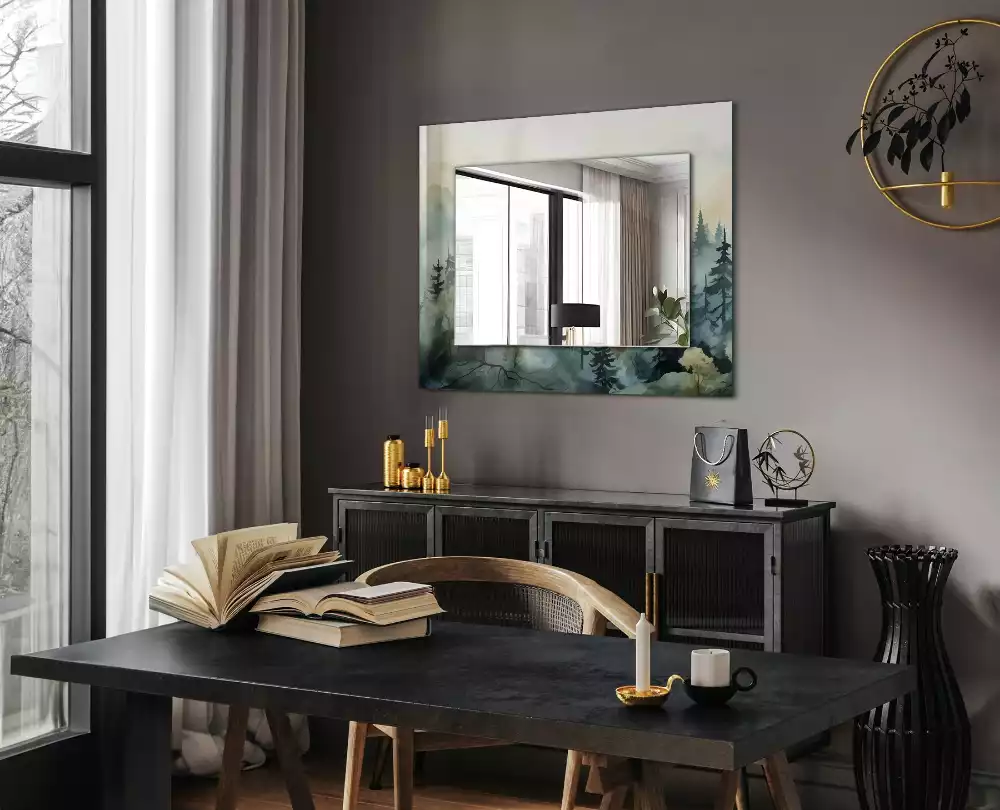 Rechthoekige spiegel met decoratie Bos in de mist