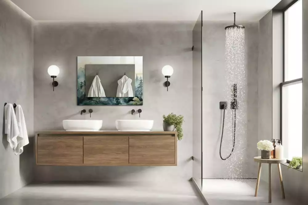 Rechthoekige spiegel met decoratie Bos in de mist